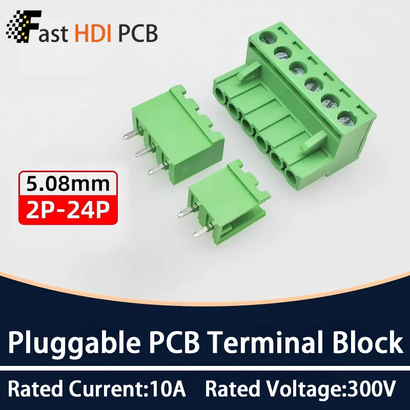 

2EDG-5.08mm Pluggable PCB Terminal Block Connector, Open Pin Header Socket + Plug Set Screw Connection 10A 300V PA66 Green 2-24p