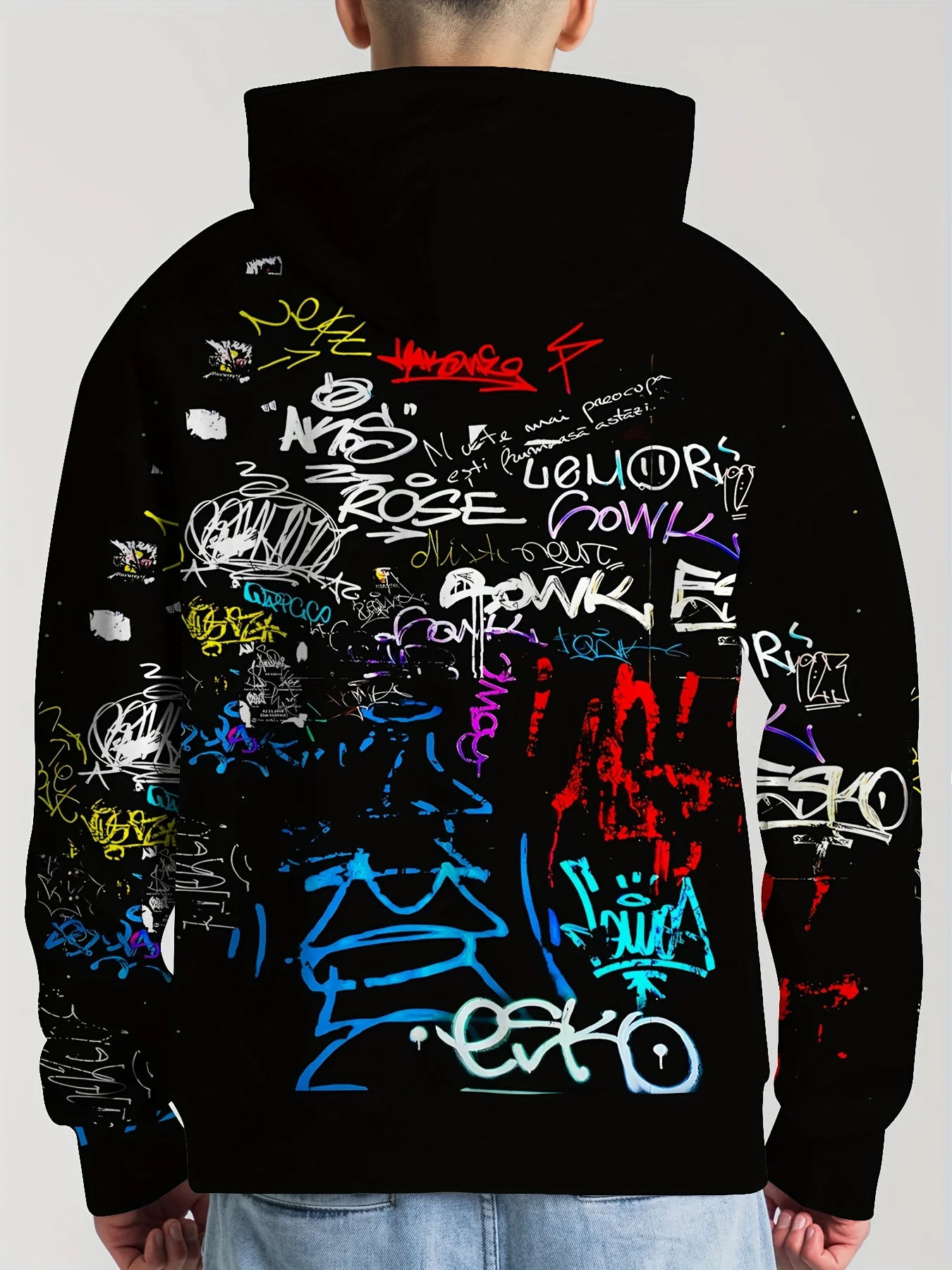 Hip Hop Street Hoodie Men All Over Back Print Colorful Graffiti Tag Abstract Letter Font Oversized Drawstring Pocket Sweatshirt