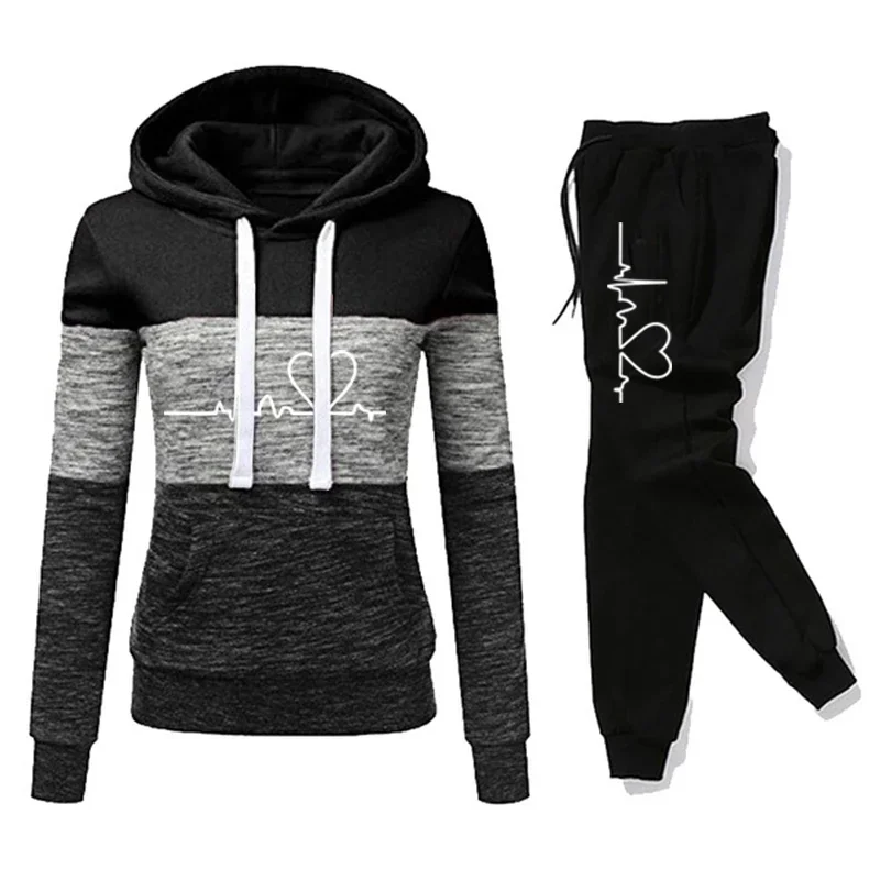 Damen-Trainingsanzug mit Print, Kapuzenpullover, Jogginghose, Farbblock-Design, vielseitig, lässig, Sport-Outfit, Größen S-3XL – Detail 3