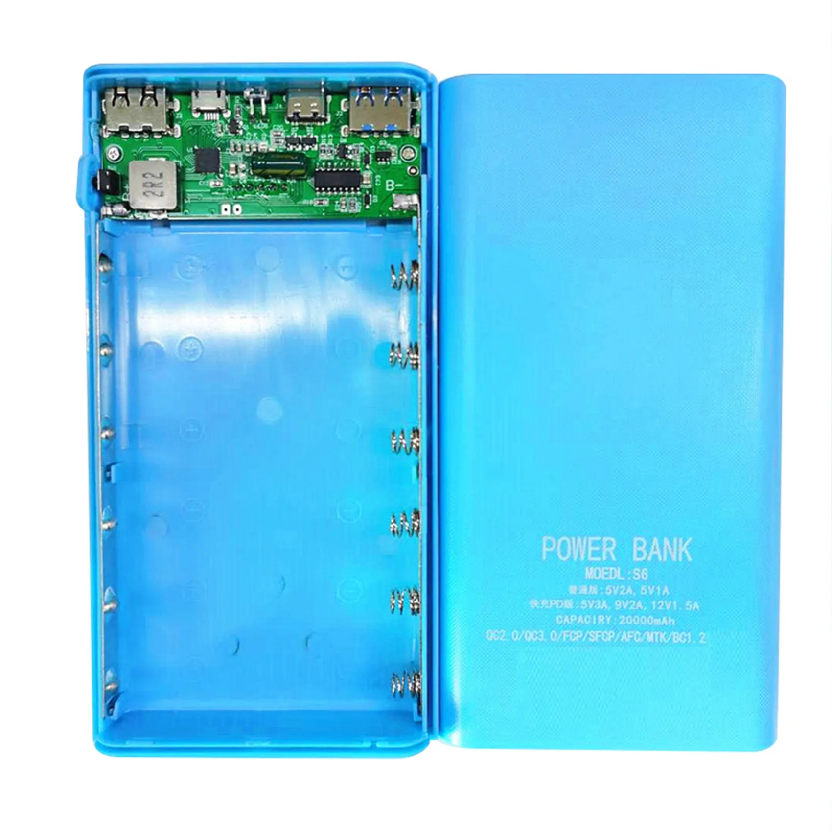 Caja de banco de energía de batería 18650, pantalla LCD de 5V 2.1A, placa de alimentación de 20000MAh para batería 6X18650, funda de banco de energía DIY (azul)