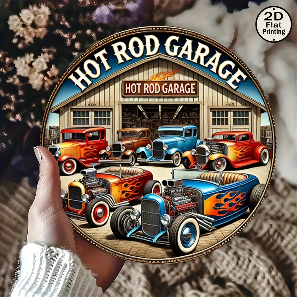[2D Flat] Vintage Hot Rod Garage Letrero de metal redondo de 8" - Diseño de automóvil clásico con gráficos de llama, hojalata resistente a la intemperie para Ho