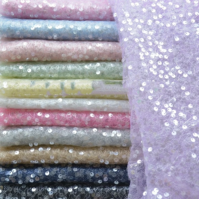 Sparkle Fabric Crushed Sequin Glitter Mesh Silver Yarn Base Cloth Stage Costumes Evening Dresses Bow Decor Sequin Material