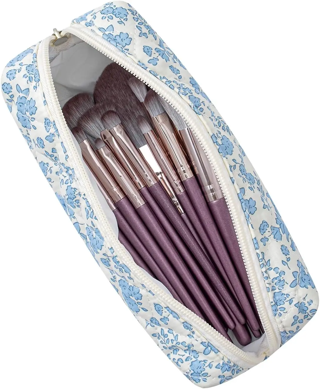 Cotton Makeup Brush Cosmetic Bag for Women, Travel Quilted Zipper Make Up Bag, Flowers Toiletry Organizer Case
