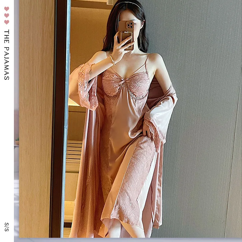 Robe Nightgown Set Women Twinset Kimono Bathrobe Gown Sleep Suit Sexy Summer Satin Sleepwear Lace Loungewear