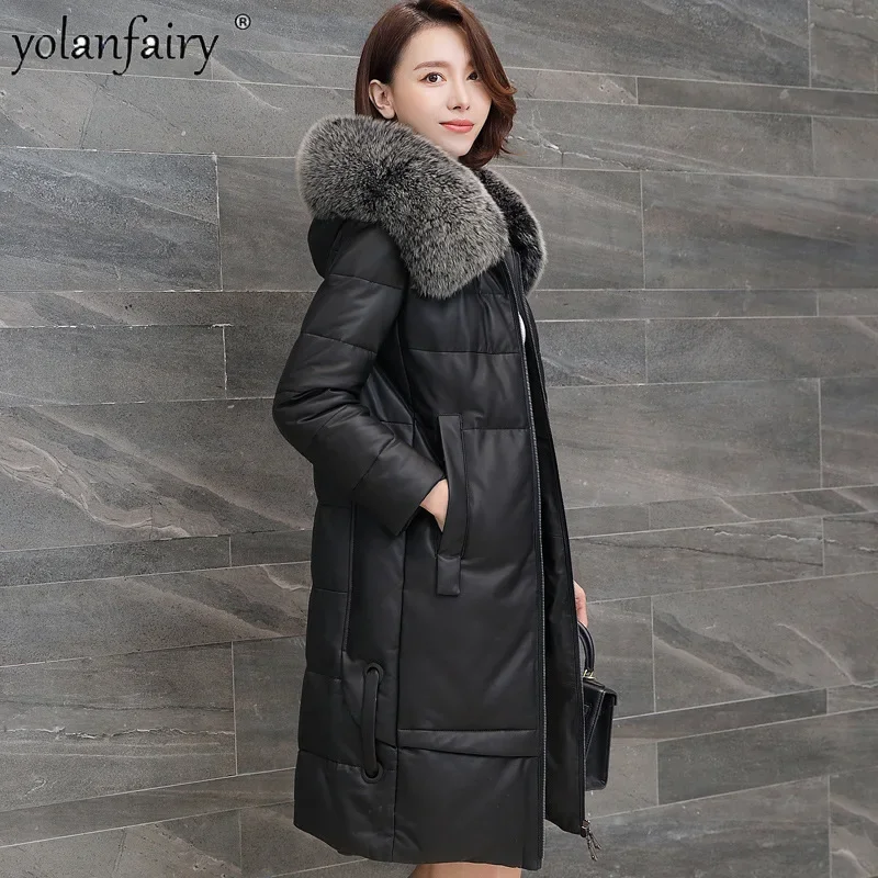 YOLANFAIRY 정품 가죽 다운 코트 여성용 긴 여우 모피 칼라 코트 의류 여성 겨울 양피 자켓 슬림 의류