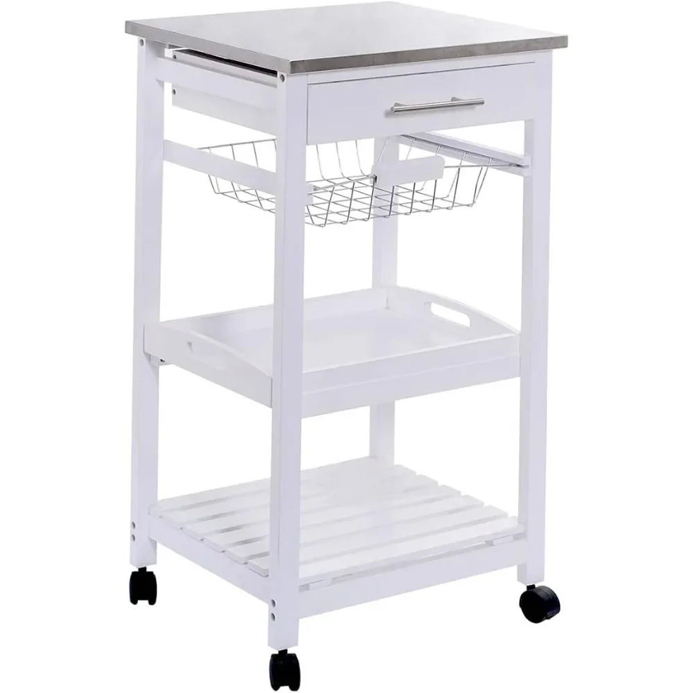 Rolling Kitchen Island Serving Utility Cart Dining Portable Mobile Trolley Stainless Steel Top Removable Cookware Storage Basket