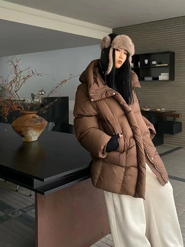 

2024 New Winter Women Long Puffer Coat Hooded Loose Casual Parkas Outwear Female White Duck Down Thick Warm Women's Coat