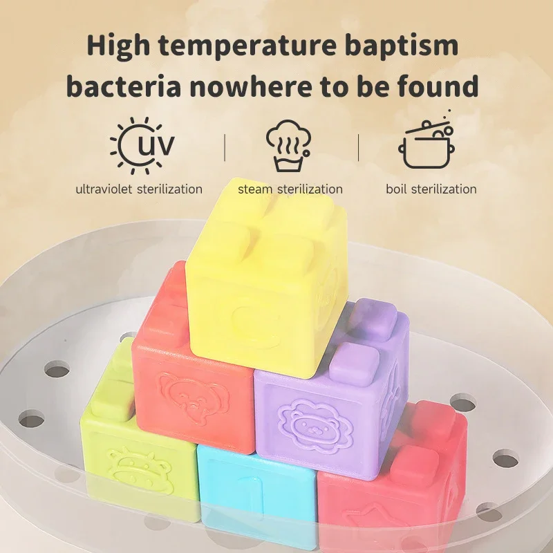 赤ちゃんは柔らかいゴム製の積み木のおもちゃを噛むことができます 発育期の赤ちゃんの歯が生えるとイライラするおもちゃ 早期ステージのパズル 積み重ねタワーのおもちゃ