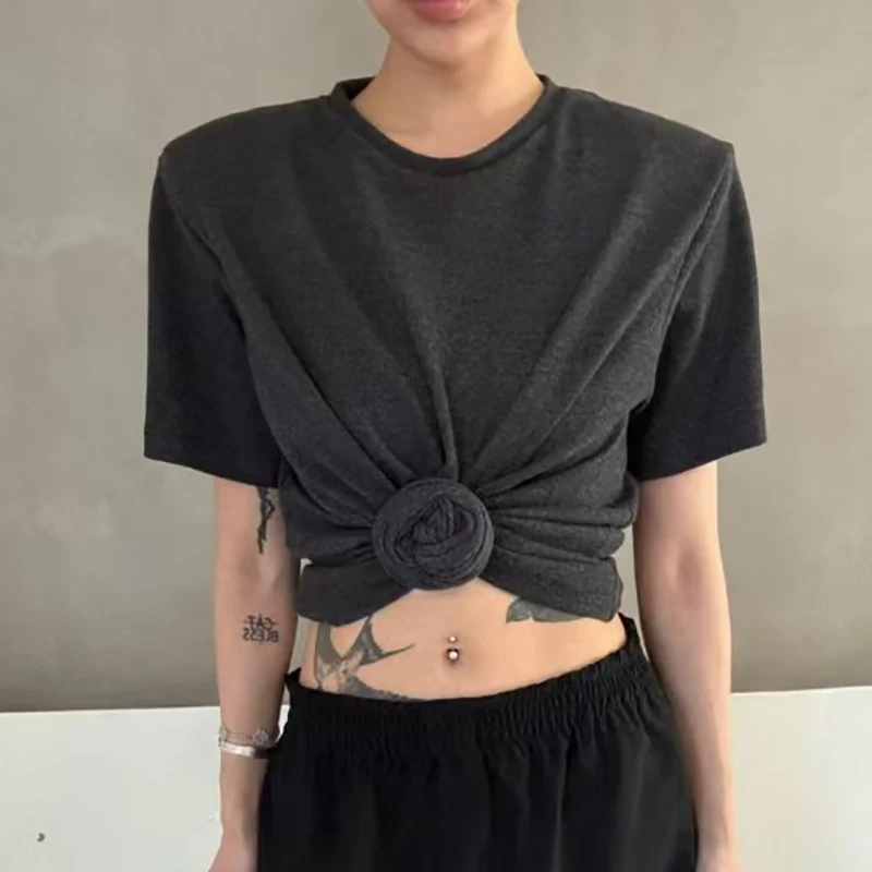 Women's Knotted Button Flower Crew Neck Knit Threaded Top, Peplum Short Sleeve Padded Shoulder Women's T-Shirt, 2025，y2k