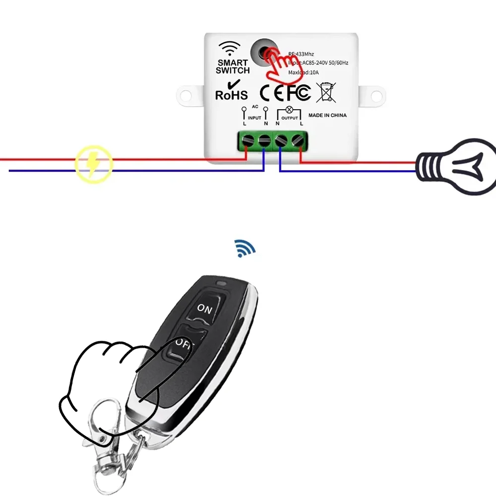 รีเลย์ควบคุมแม่เหล็กขนาดเล็ก 110V 220V 10A, สำหรับหลอดไฟในบ้าน, พัดลม, ทีวี LED, โมดูลสวิตช์ติดผนังควบคุมระยะไกลไร้สาย RF433