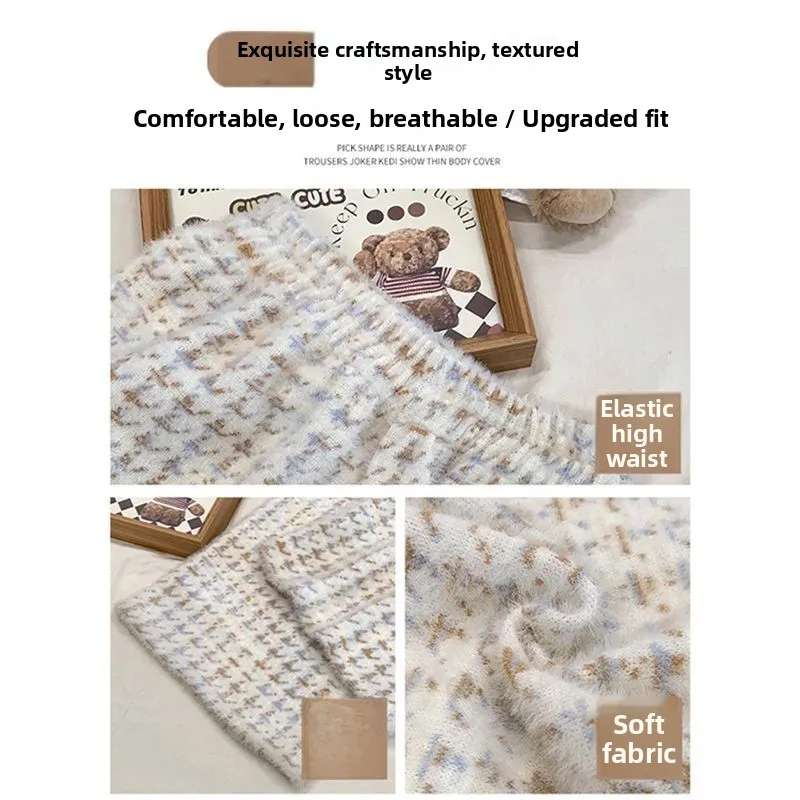 Cintura alta solta ajuste xadrez velo forrado calças de perna larga feminino casual estilo confortável outono inverno nova chegada