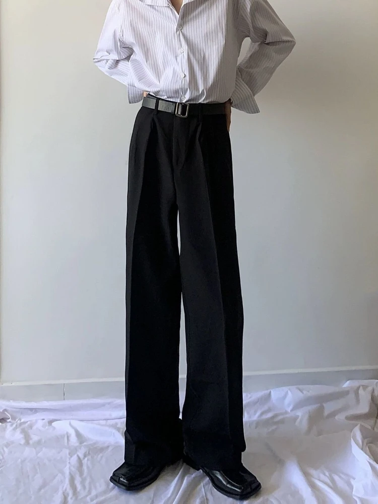 Men's Black Wide Leg Dress Pants Korean Style Loose Straight Fit Trousers Elegant Drape Casual Vintage Trendy