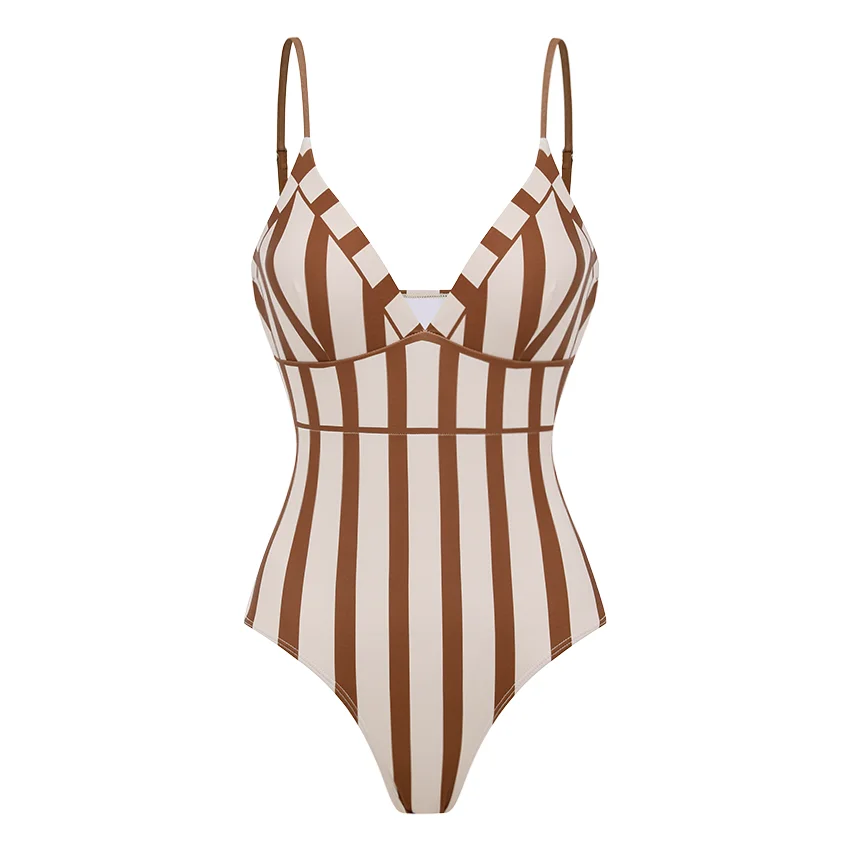 Sexy Brown stripes Printed Swimsuit Set(s) Flaxmaker 2026 Summer V Neck Swimsuit Female Party Swimwear Biquini conjunto de