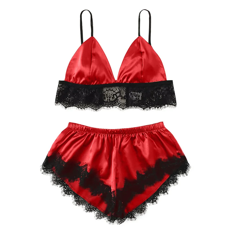 5 Styles Lingerie Sexy Bra Set Women\'s Sleepwear Sleeveless Strap Lace Trim Satin Cami Tops Pajama Sets Bras Women Brief Sets