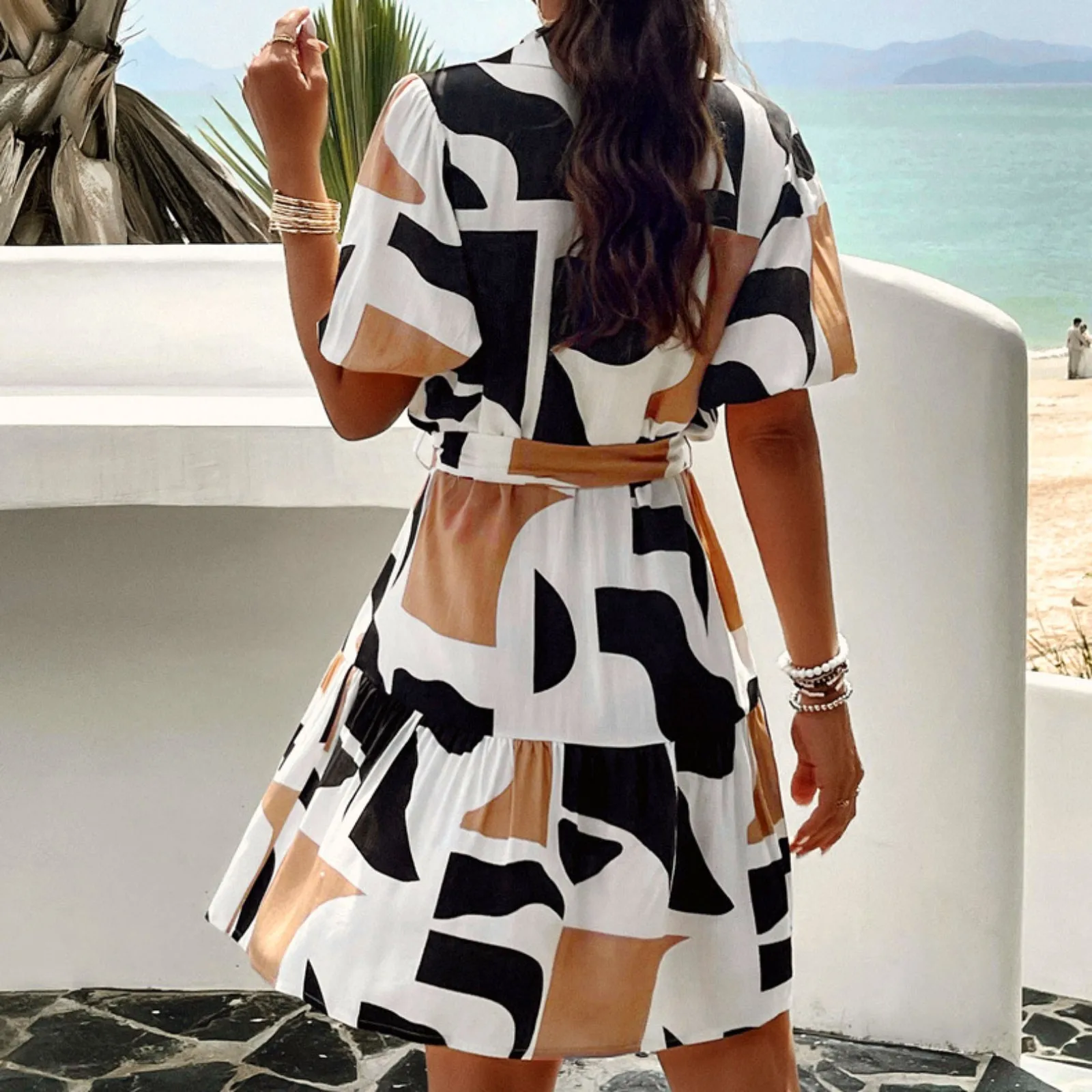 Women Dresses Summer 2024 Women Fashion Button Up Casual Holiday Print Short Sleeve Shirt Dress A Line Mini Dress Wrap Sundress