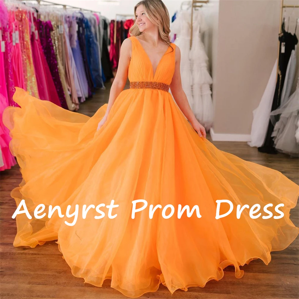 Aenyrst Simple Spaghetti Strap Evening Dresses A Line Tulle V Neck Prom Ball Gowns Floor Length Dinner Party Dress فساتين السهرة