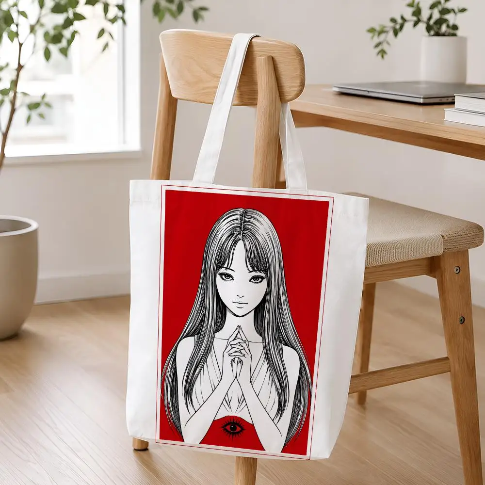 Tomie Crimson Portraits Storage Bags Lightweight Foldable Canvas Tote For Shopping Commuting And Travel