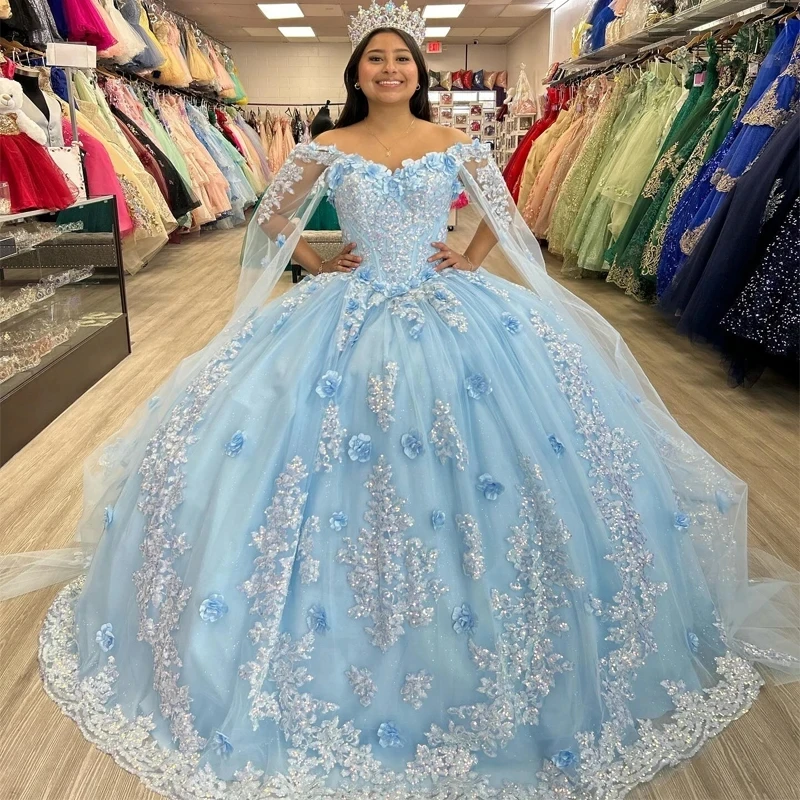 

Mexico Sky Blue Off The Shoulder Ball Gown Quinceanera Dress For Girl Applique Beaded 3DFlowers Birthday Party Gowns Prom Dress