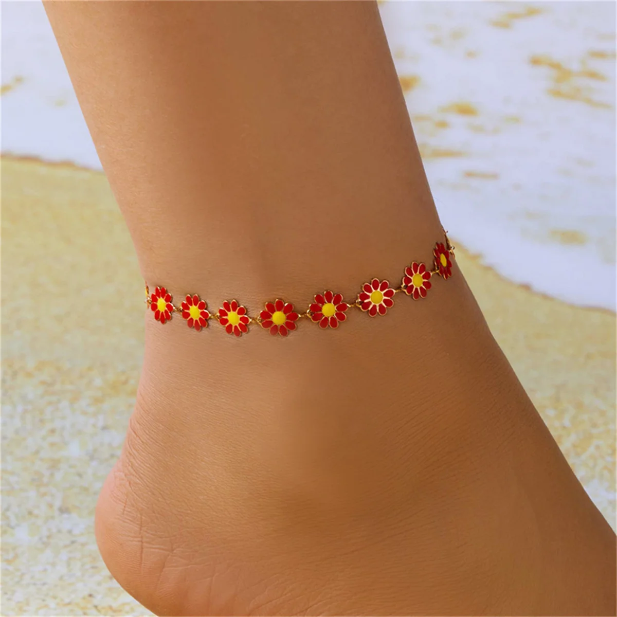 Sweet Daisy Flower Anklets For Women Colorful Sunflower Sandals Barefoot Ankle Bracelet Summer Beach Floral Foot Chain Jewelry