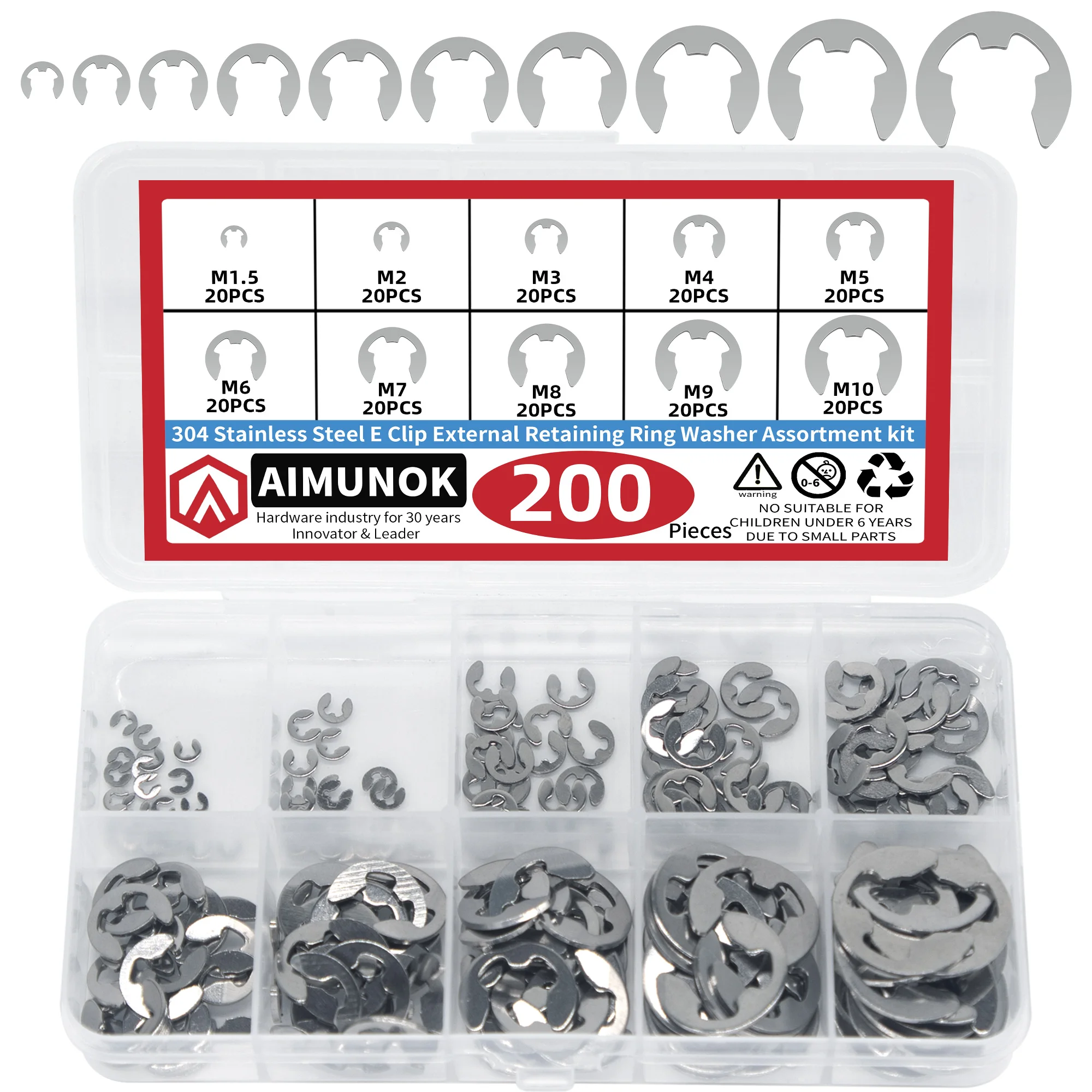 200pcs 304 Stainless Steel E Clip External Retaining Ring Washer Assortment kit M1.5 M2 M3 M4 M5 M6 M7 M8 M9 M10