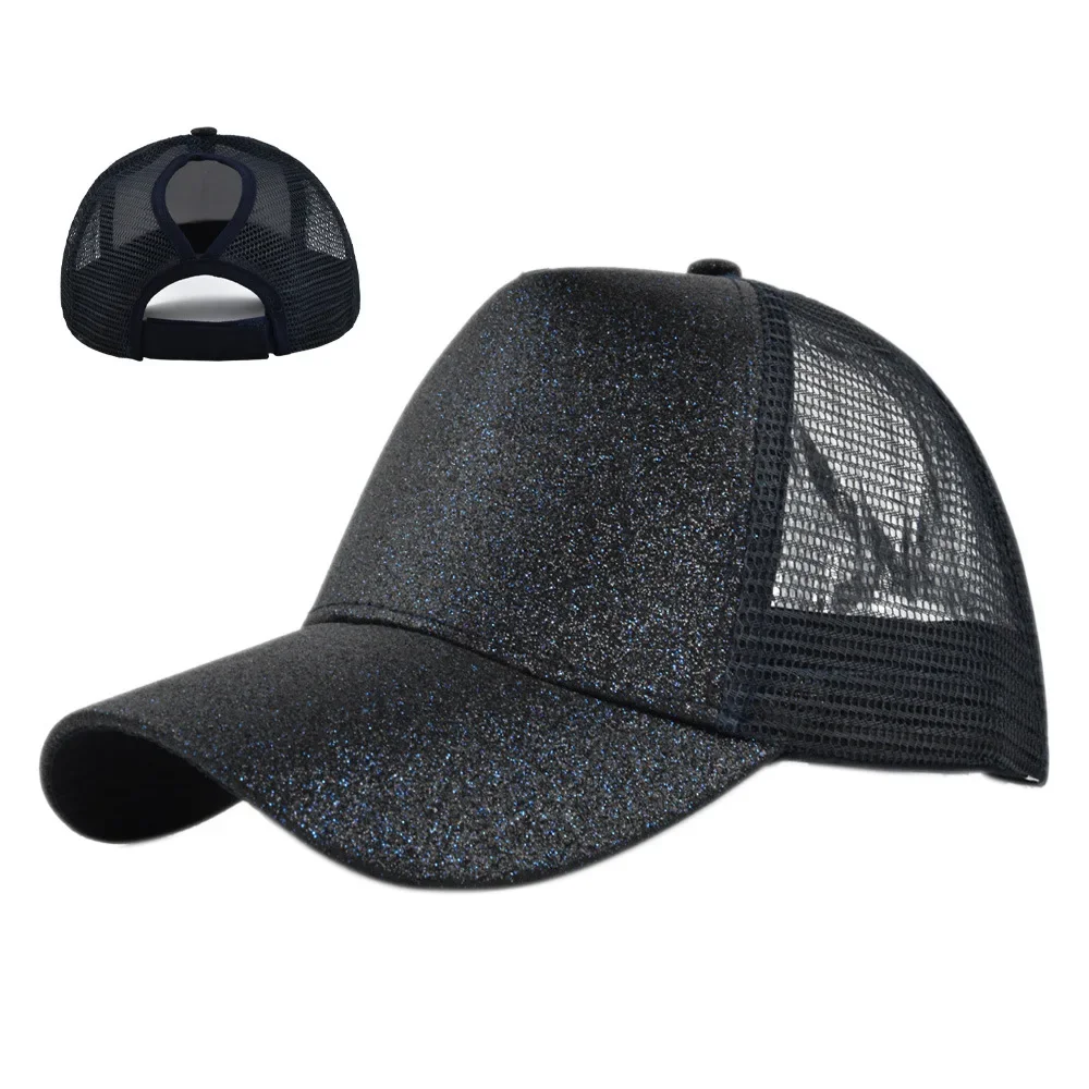 

2024 New Summer Glitter High Ponytail Baseball Cap Female Snapback Hat Casual Black White Pink Mesh Trucker Caps for Women Gorra