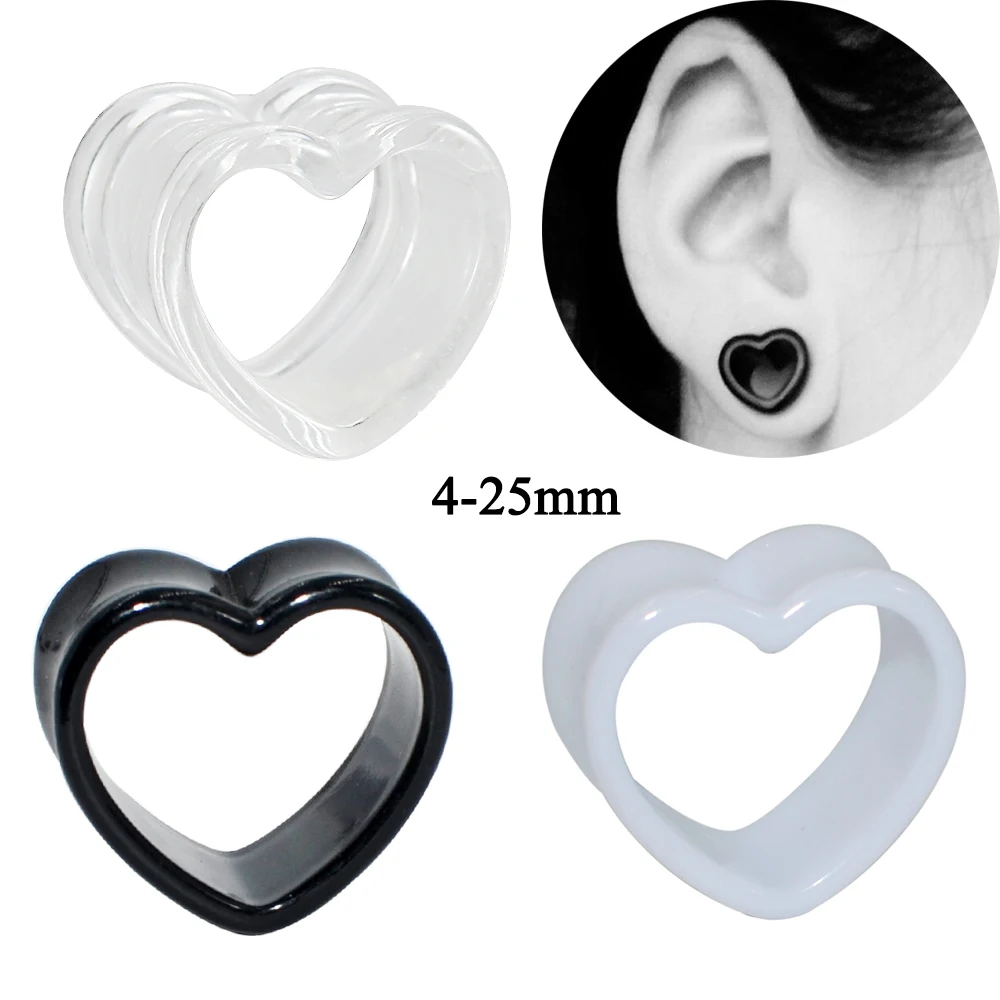 Acrylic Love Black White Heart Shaped Hollow Transparent Ear Gauge Piercing Clear Ear Tunnel Ear Expander 4mm-25mm