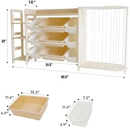 Kids Toy Storage Organizer with Bookcase and Stuffed Animal Zoo, 4-in-1 Wooden Multi Bin Toy Shelf for Toddlers
