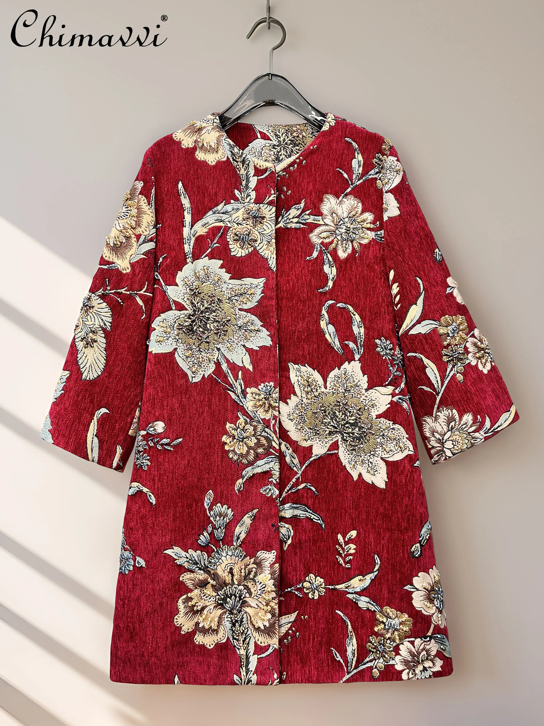 

French Elegant High-End Embroidery Beaded Round Neck Long Sleeve Loose Versatile Luxury Long Jackets Women Winter Blends Coats