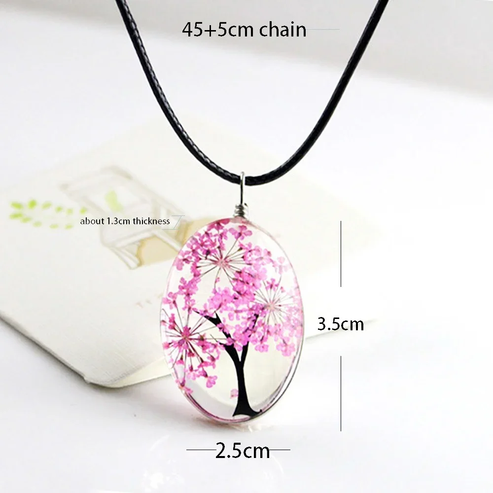 Handmade Tree Like of Life Dried Flower Necklace Resin Dome Glass Cabochon Flower Tree Pendant Necklace for Women Girls