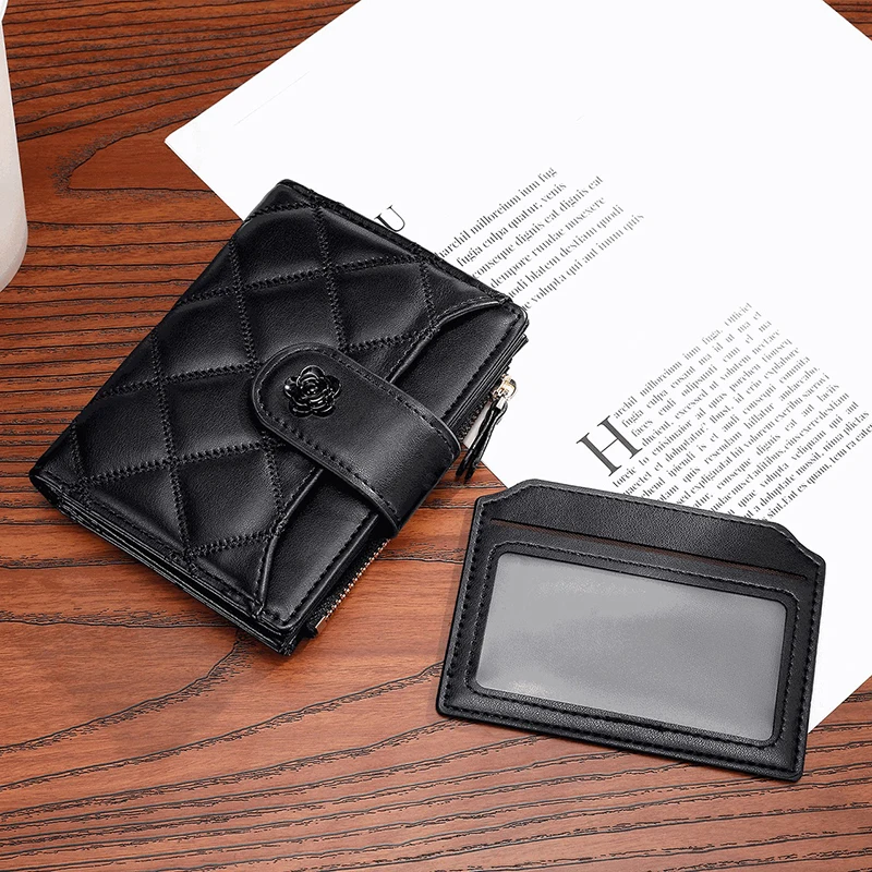 محافظ كلاسيكية للنساء من الجلد الصناعي وحقائب يد منقوشة ومحفظة مع جيب للعملات المعدنية بسحاب وزهرة قصيرة ثنائية الطي