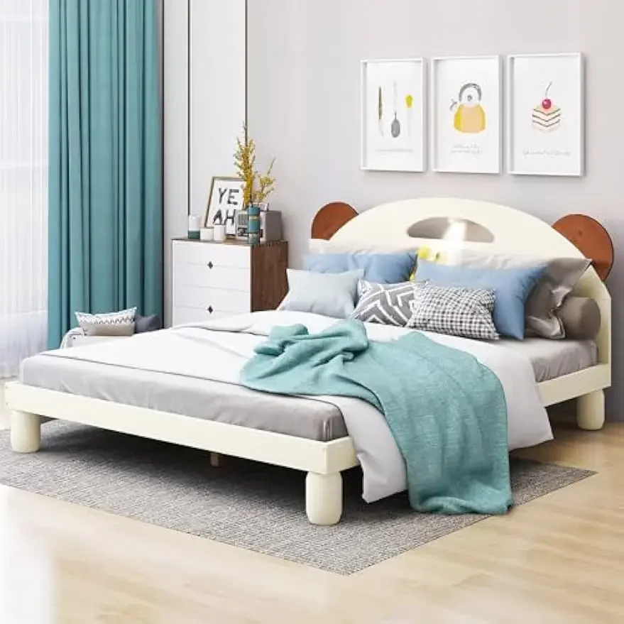 Tempat tidur Platform ukuran penuh dengan telinga beruang berbentuk Headboard dan LED, untuk anak-anak remaja dewasa kamar tidur, rangka tempat tidur dengan pagar pengaman,