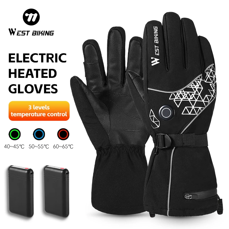 

WEST BIKING Winter Electric Heated Gloves With Power Bank Touch Screen Anti-slip Warm Skiing Gloves Fleece Motorcycle Bike Glove