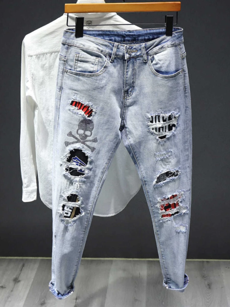 

Men's Jeans Ripped Trousers Slim Fit Man Cowboy Pants Torn with Rhinestones Skinny Goth Broken Hip Hop Holes Graphic Tight Pipe