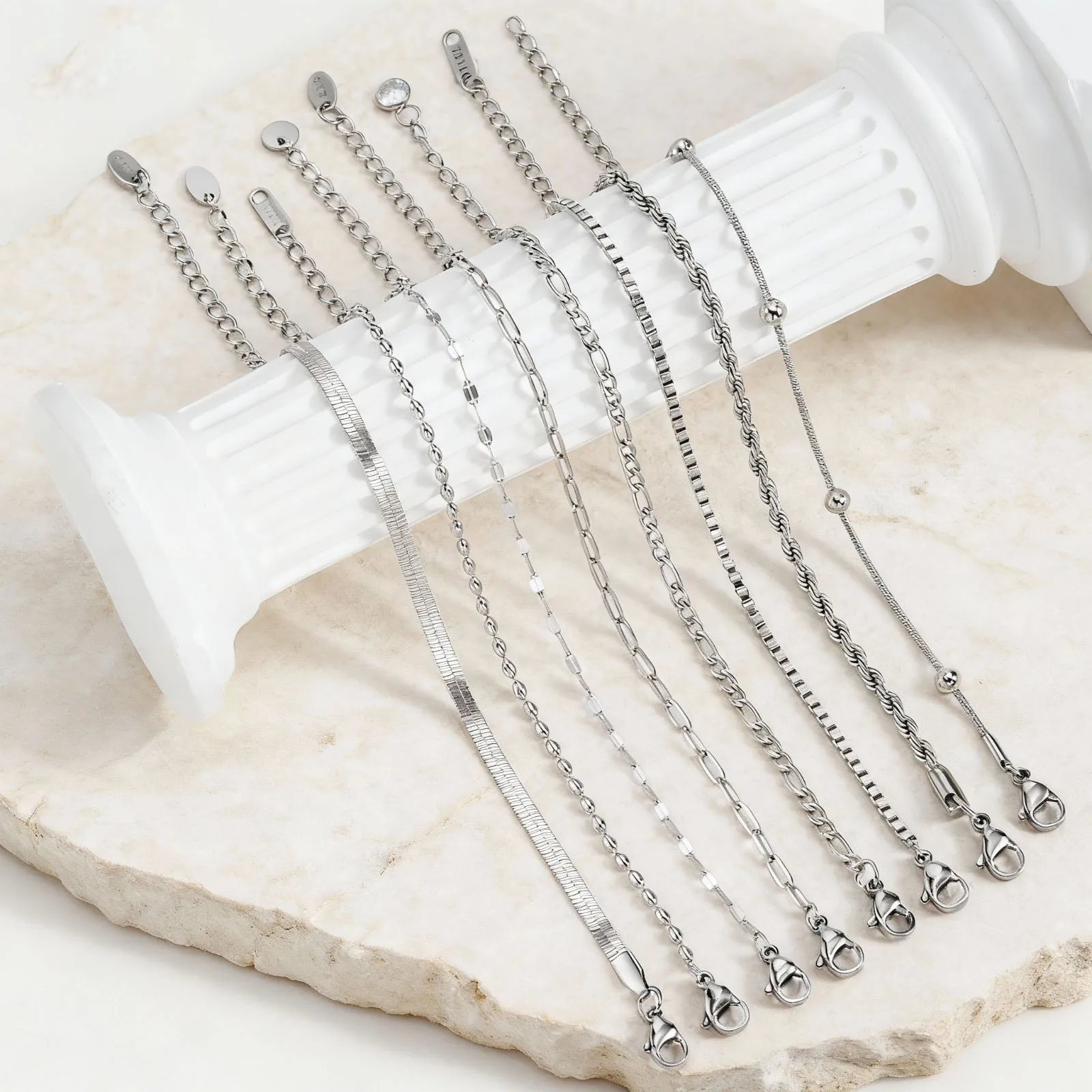 Waterproof Silver Color Bracelets for Women, Stackable Bracelet Stainless Steel, Thin Chain Bracelets Layered Jewelry