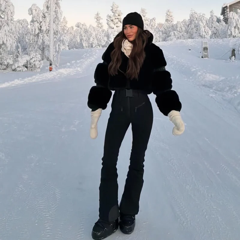 

Chic Winter Faux Fur Warm Skiwear Suits For Women Adjustable Belt Windproof Waterproof Snow Sportwear 2025 New Lady Outdoor Wear