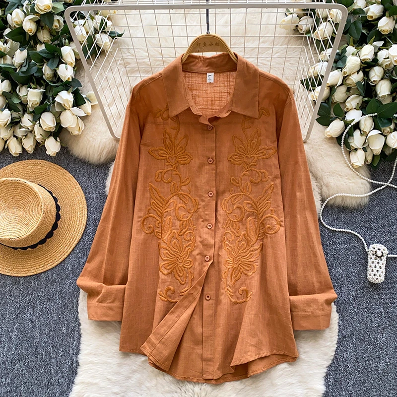 

Korean Embroidery Simple Casual Shirt for Women New Cotton Linen Long Sleeved Loose Commuting Versatile Cardigan Shirt Top D87