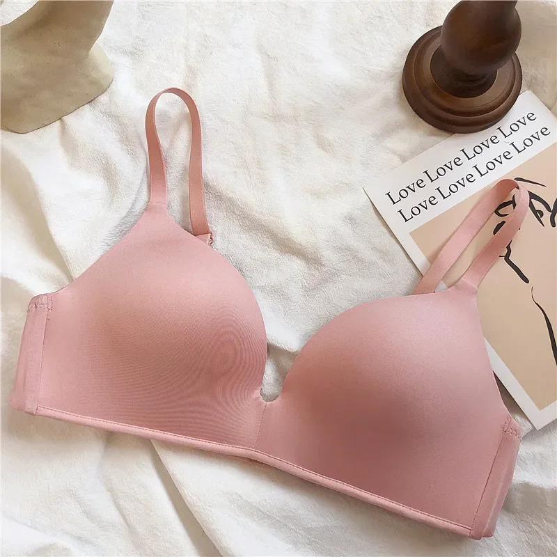 Japanese Seamless Glossy Gathered Underwear Women's Simple Pure Color, No Steel Ring, Comfortable Triangular Cup Bra