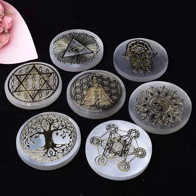 6 سنتيمتر الكريستال الطبيعي السيلينيت شريحة بلاطة الجبس الأبيض ، حجر السيلينيت الطبيعي كريستال القرص ، لوحة شحن السيلينيت