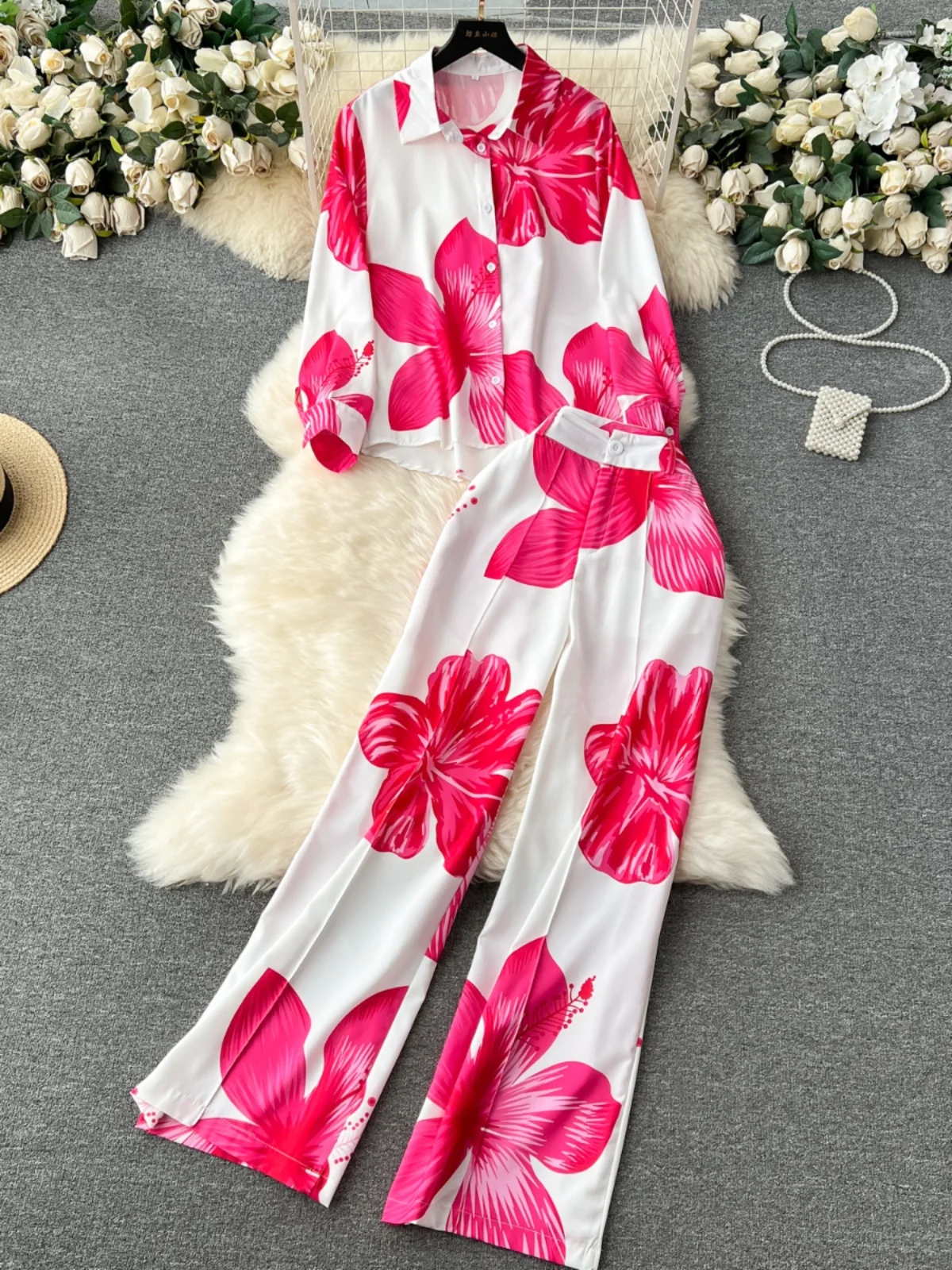 Elegant Floral Print Shirt And High Waist Wide Leg Pants Women's Slimming Fashion Set High End Feel Two Piece Suite