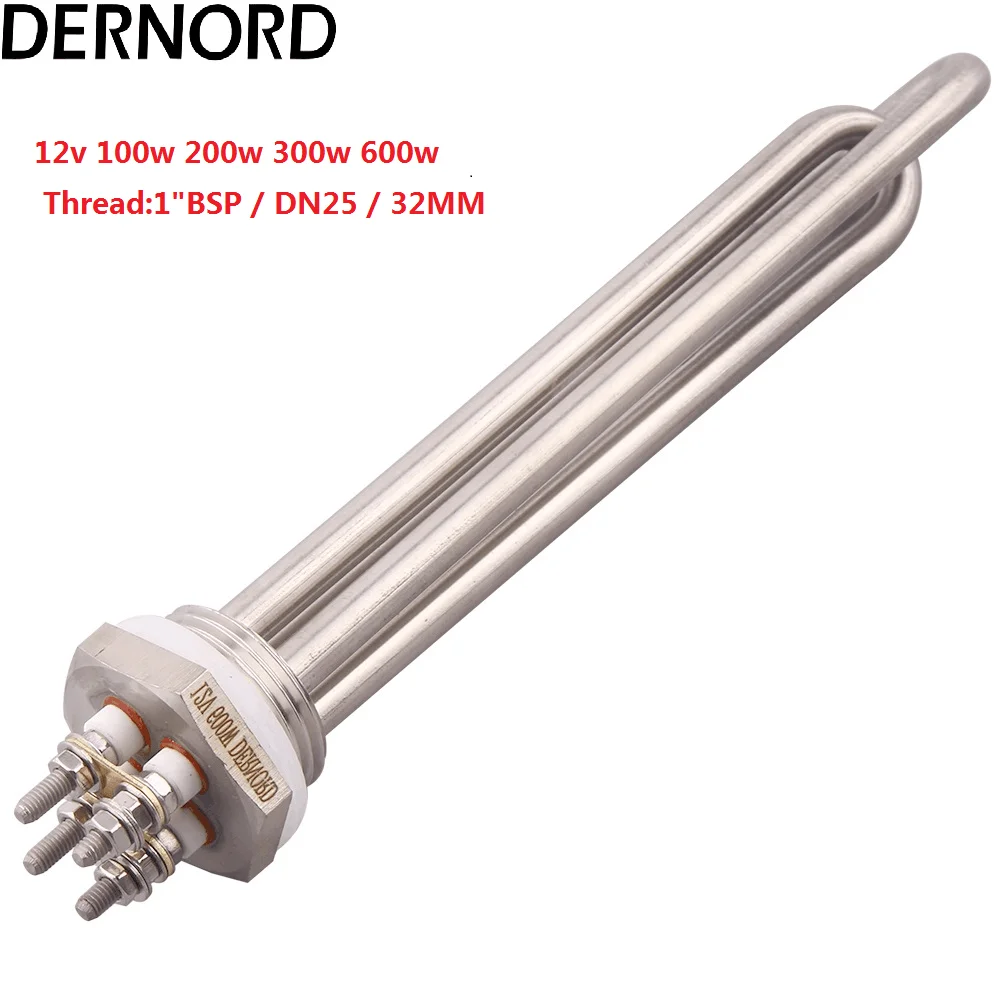 DERNORD DC 12V Heating Element Tubular Electrical Immersion Heater100w 200w 300w 600w DN32 DN25 Solar Water Heater SUS304