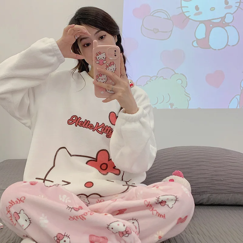 

Anime Kawaii Sanrio Hello Kitty Hangyodon My Melody Women's Coral Pajamas Autumn Winter New Long Sleeve Thickened Warm Home Set