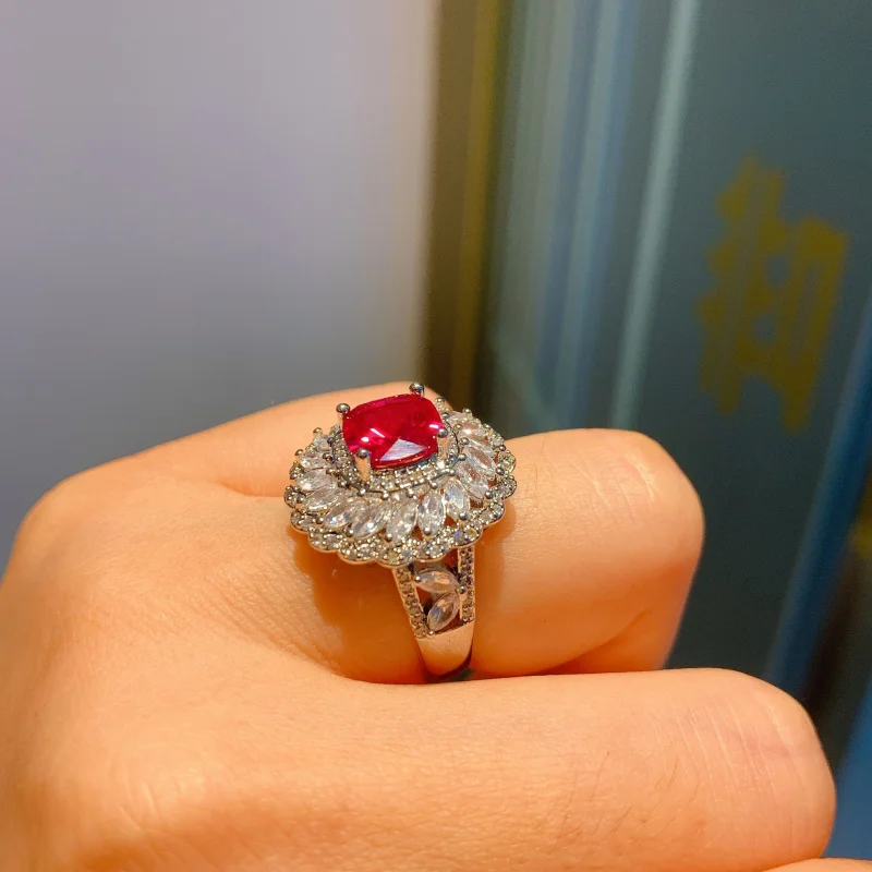 European and American Red Glass Square Luxury Inlaid Eardrops Stud Earrings Ring Jewelry Suit