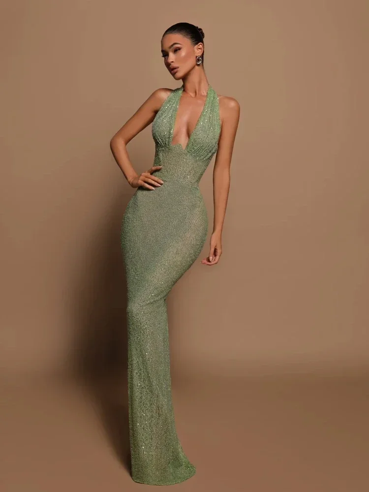 sexy green maxi dress Halter Deep V Neck Sequins Women Sleeveless Backless Sequined Slim Long Dresses Celebrity Party Gowns sparkle home coming dress