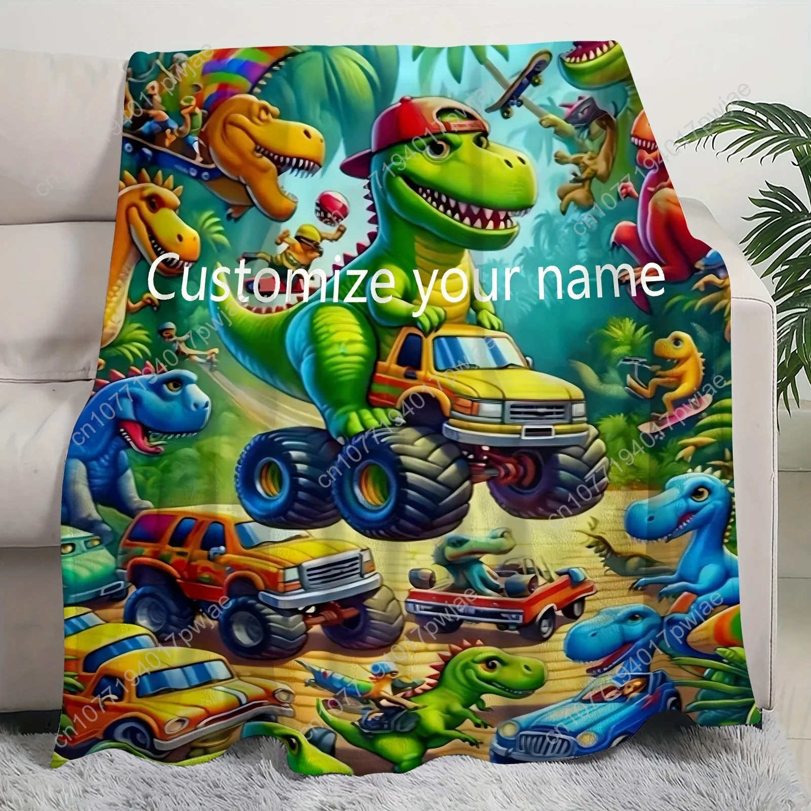 1 Car Dinosaur, Can Be Customized with Your Favorite Name, Customized Flannel Fleece Blanket, Personalized with Various Images,