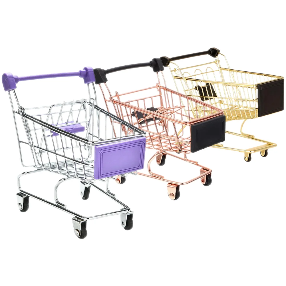 3 Pcs Shopping Cart Mini Grocery Children's Play Toys Dollhouse Accessories Supermarket Trolley Simulation Utility Work