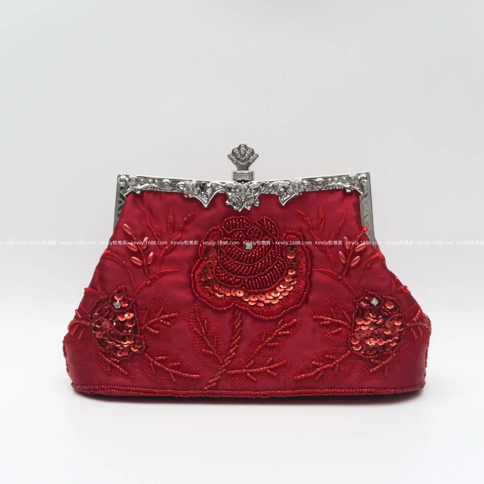 Vintage Embroider Beading Evening Bag Women Metal Handle Top-Handle Bag Phone Cosmetic Evening Bag Party Beaded Lace Handbags