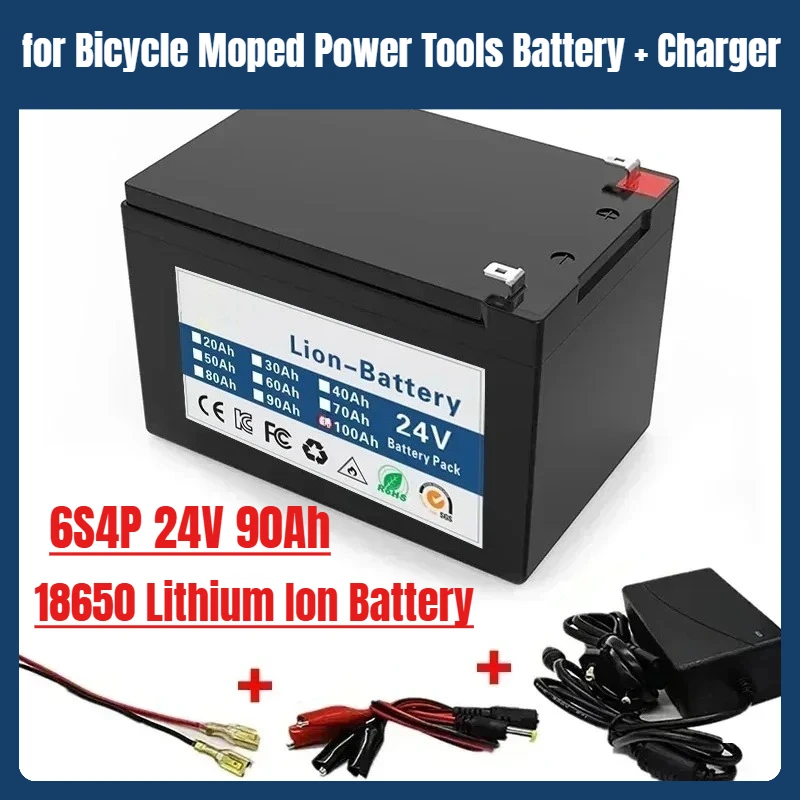 

High Capacity 6S4P 24V 90Ah 18650 Lithium Ion Battery 25.2V 90000mAh for Bicycle Moped Power Tools Battery + Charger