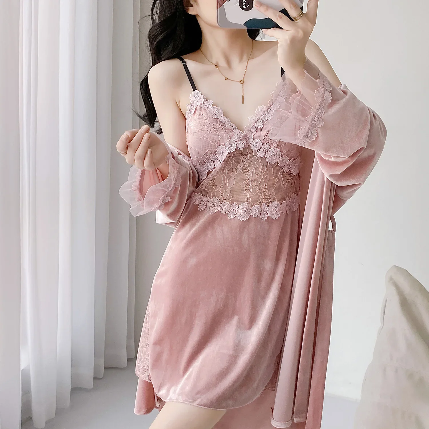 

Autumn Winter New Robe Set Sexy Strappy Nightdress Lace Patchwork Nightgown Women Warm Velour Kimono Bathrobe Gown Lingerie