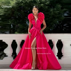 Qunque Sexy Split Prom Dress Robes De Soirée Fuchsia Edge Curl Shoulder Customized V-neck Satin Party Dress Vestidos De Noche