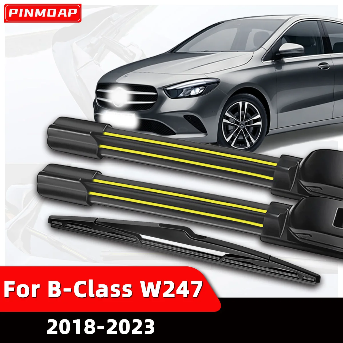 PINMOAP Auto-Wischerblätter sind geeignet für Mercedes Benz B-Klasse W247 2018–2023, Naturkautschukstreifen, Auto-Wischerblätter vorne und hinten